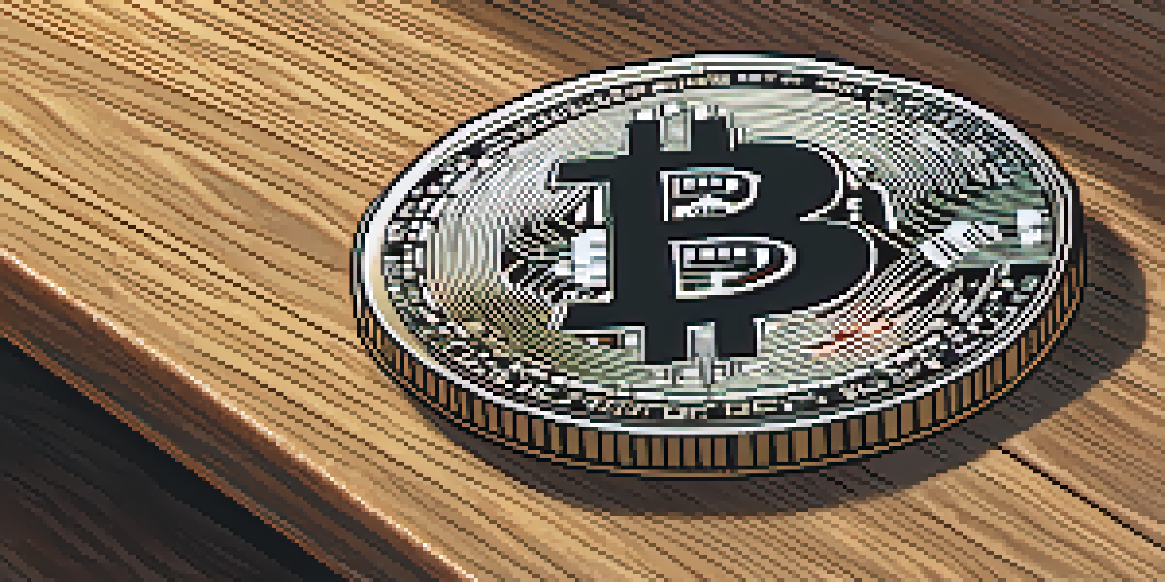 A Bitcoin coin on a wooden table with dollar bills and a laptop showing a cryptocurrency chart, illuminated by warm natural light.