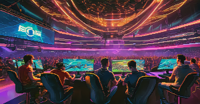 A lively esports arena with players competing and a Bitcoin logo on a large screen, while fans cheer in the background.