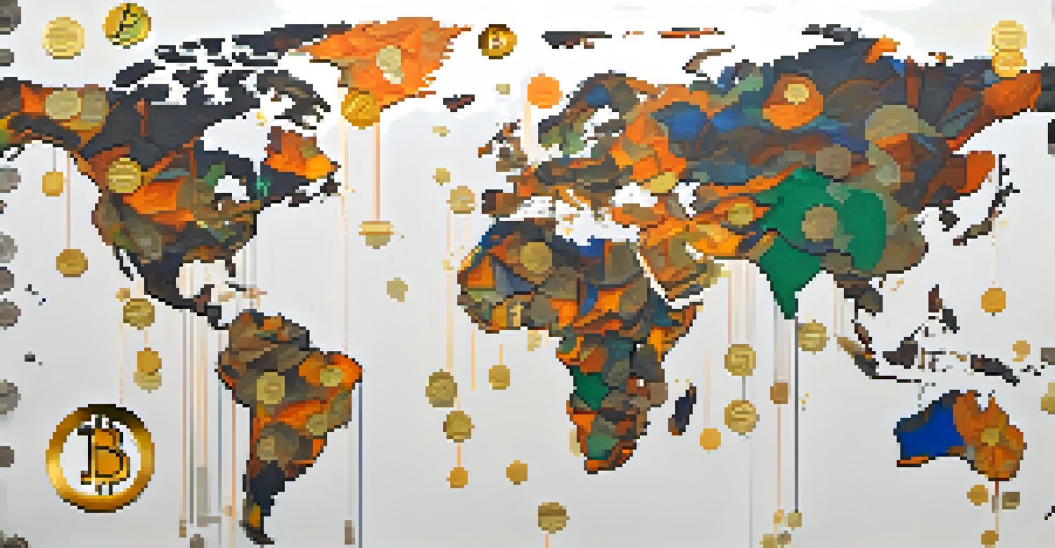 A modern world map with Bitcoin symbols overlaid on different countries, representing global cryptocurrency interest.