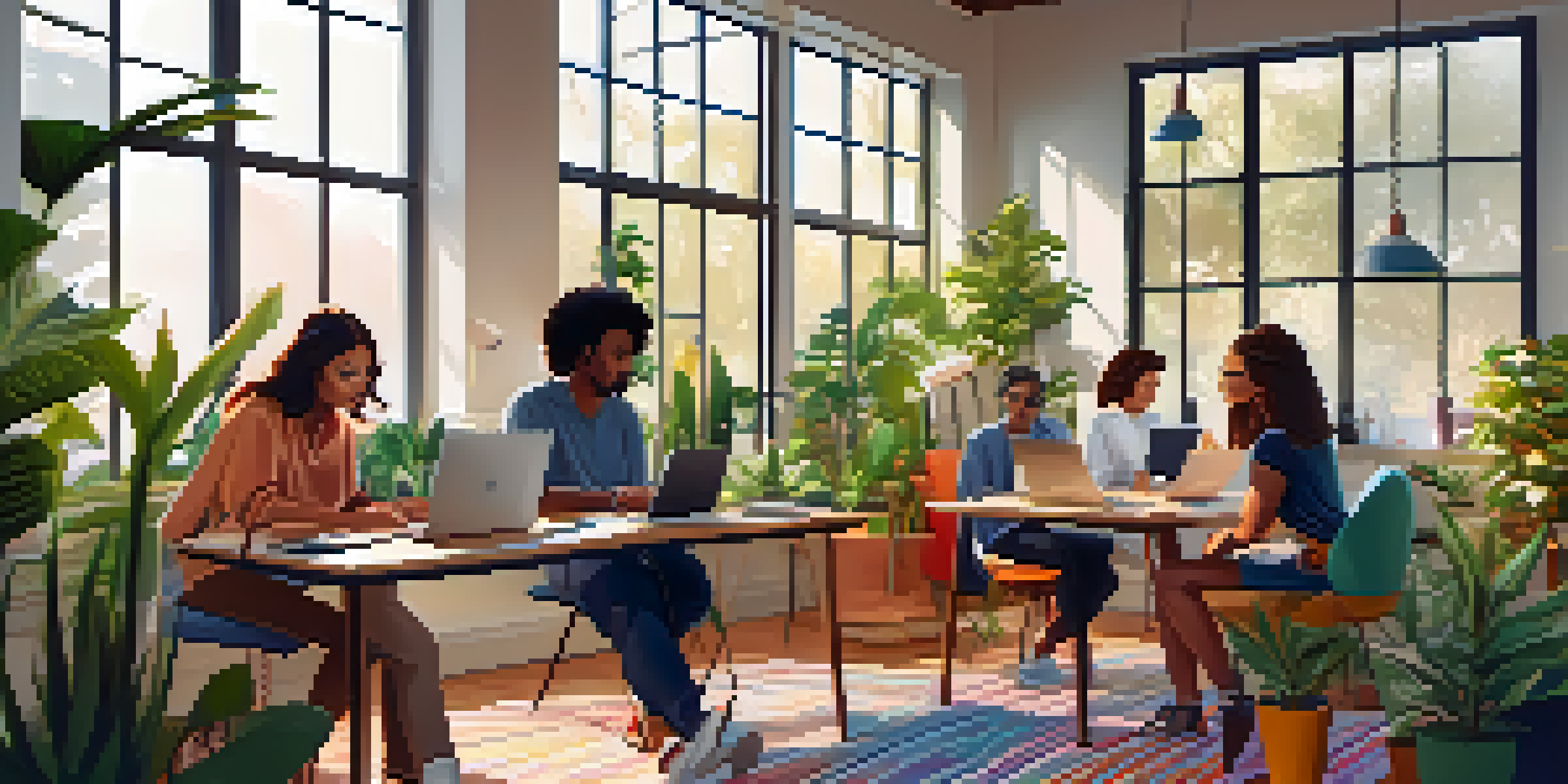 A diverse group of remote workers collaborating in a bright, plant-filled workspace, engaged in their tasks.