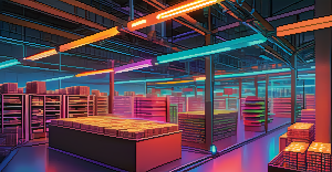 An illustration of interconnected digital nodes representing a blockchain network, set against a modern warehouse filled with products.