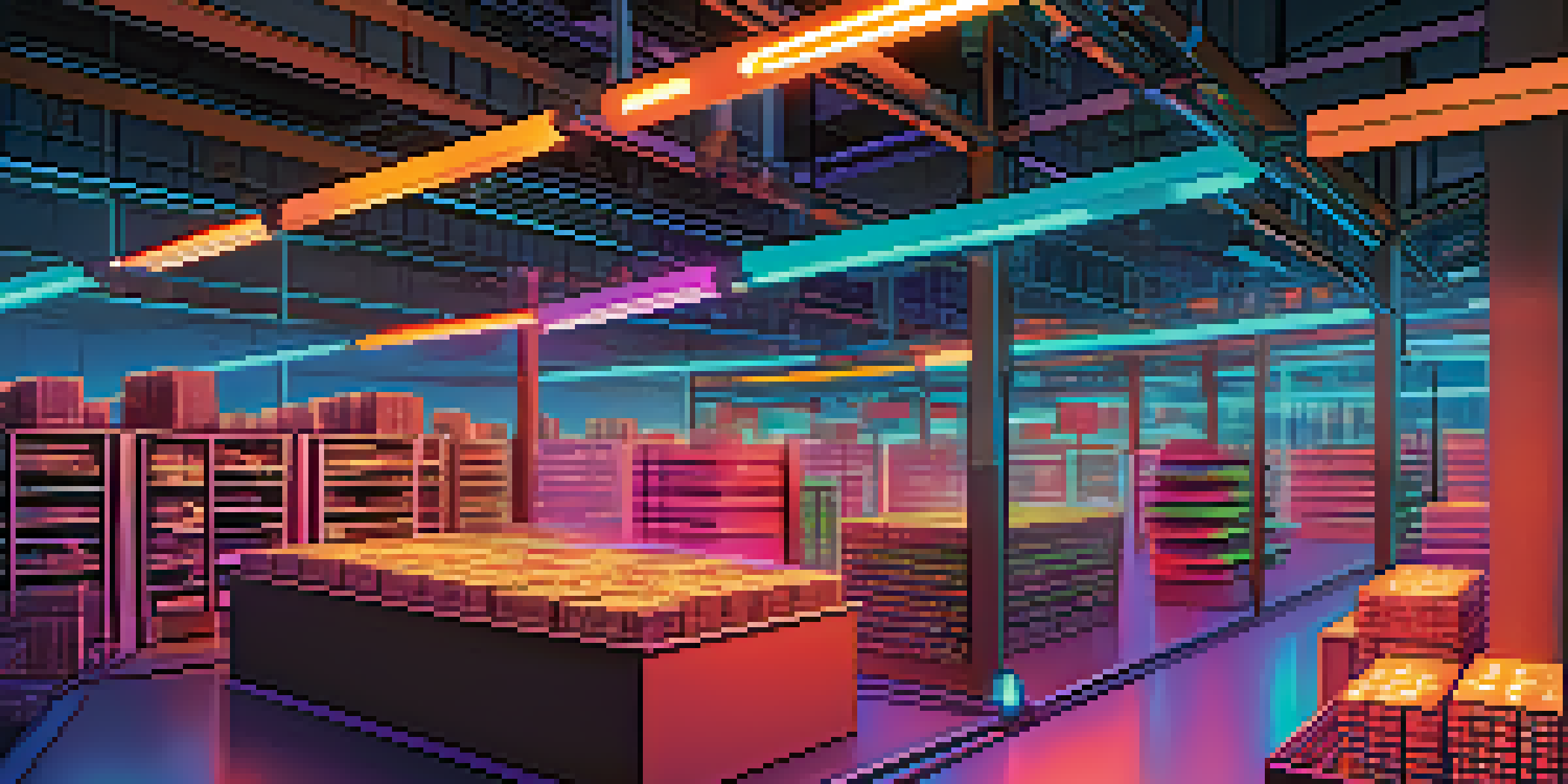An illustration of interconnected digital nodes representing a blockchain network, set against a modern warehouse filled with products.