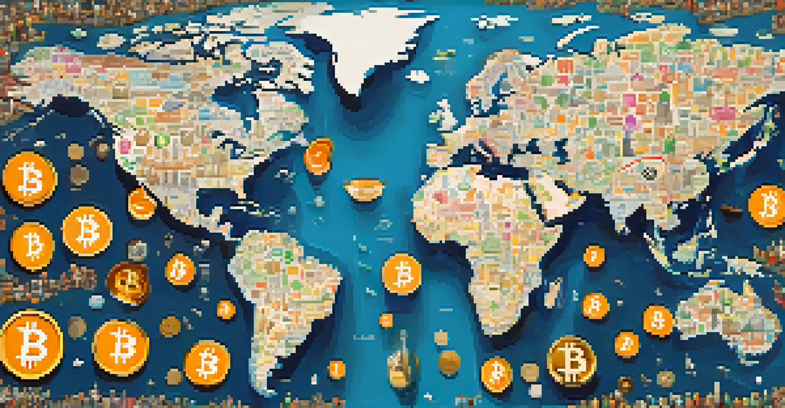 A colorful artistic representation of Bitcoin symbols combined with images of community service and a world map, highlighting social causes.