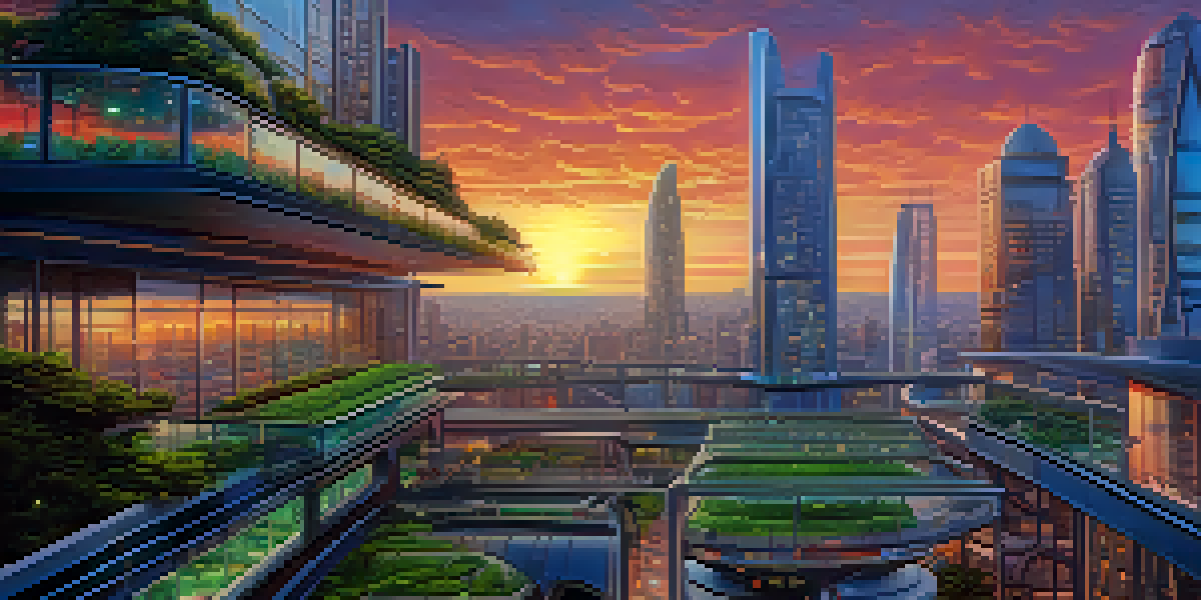A futuristic city skyline at dusk with colorful reflections and flying vehicles.