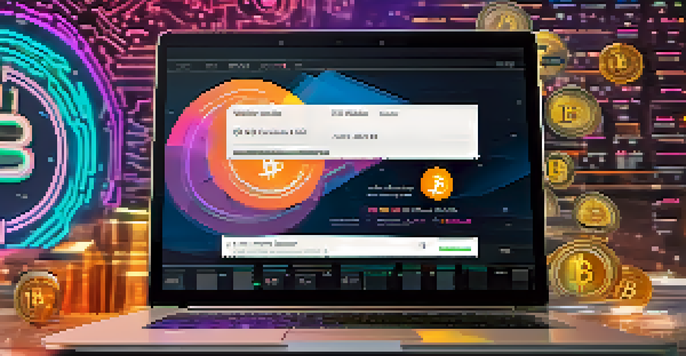 A digital interface of a Bitcoin wallet displayed on a laptop screen, with Bitcoin symbols and transaction details visible.