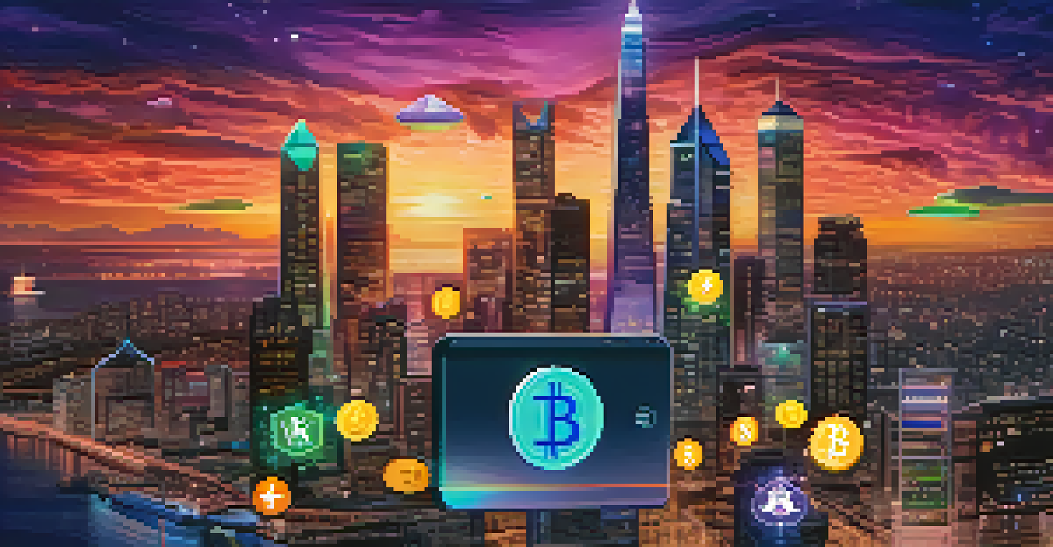 A digital wallet interface showing different cryptocurrencies against a futuristic city skyline at dusk.