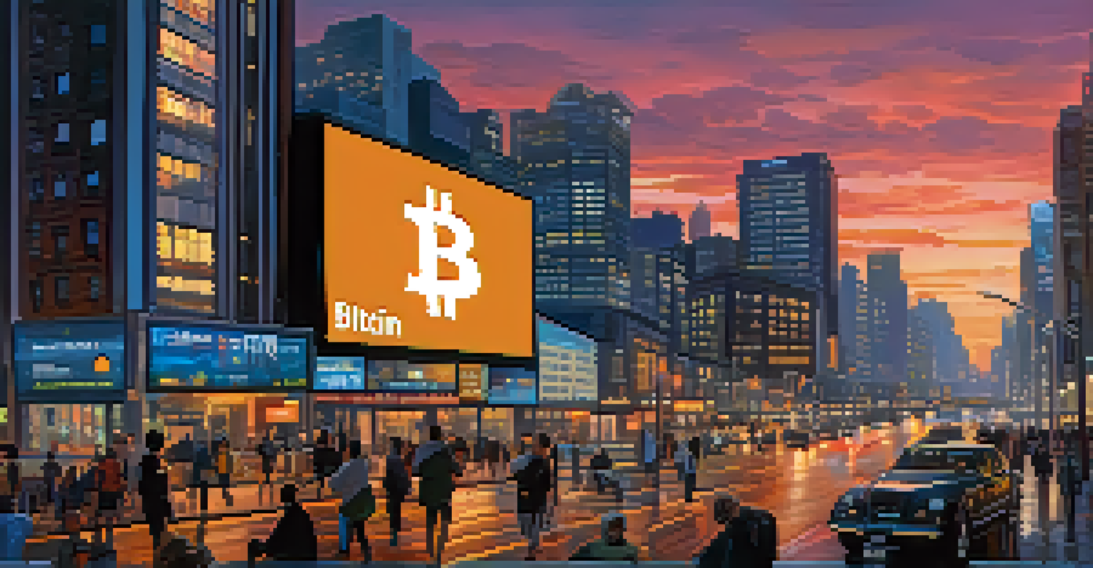 A city skyline at dusk with a digital billboard showing Bitcoin prices and people using smartphones.
