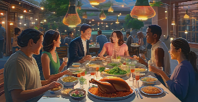 A communal potluck dinner with diverse individuals sharing dishes, surrounded by glowing nodes representing a decentralized network.