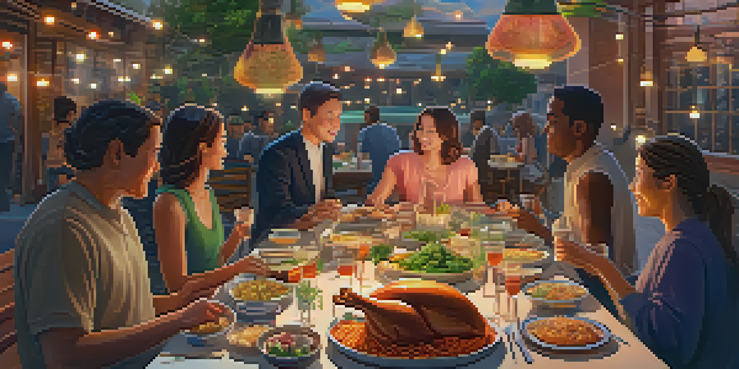A communal potluck dinner with diverse individuals sharing dishes, surrounded by glowing nodes representing a decentralized network.