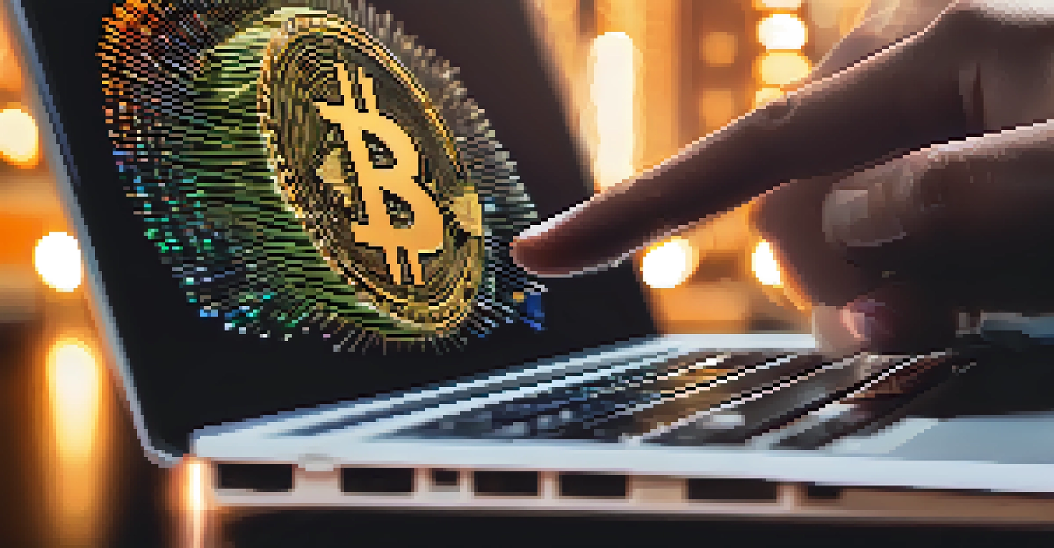 A hand holding a shiny Bitcoin coin in front of a laptop showing a DeFi lending platform, emphasizing the investment aspect.