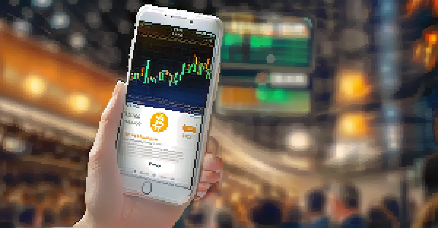 A close-up of a hand holding a smartphone with a Bitcoin wallet app, with a blurred stock market graph in the background.