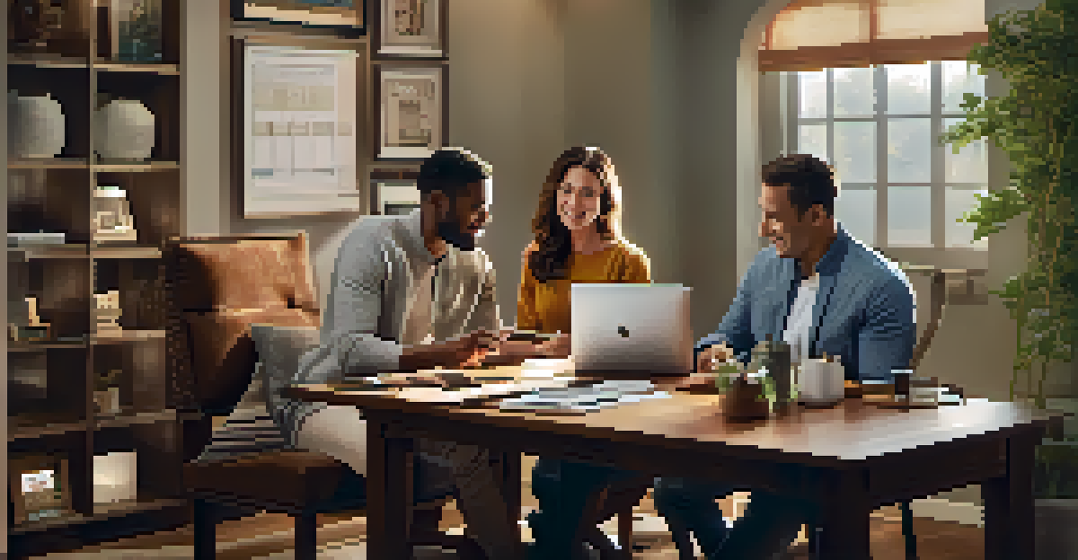 A family in a cozy home office discussing their joint savings using a multi-signature wallet on a tablet.