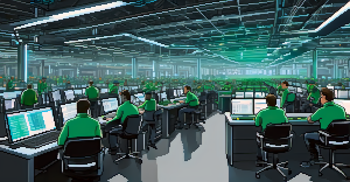 A diverse group of miners collaborating in a high-tech mining facility, surrounded by computers and mining rigs with blue and green LED lights.