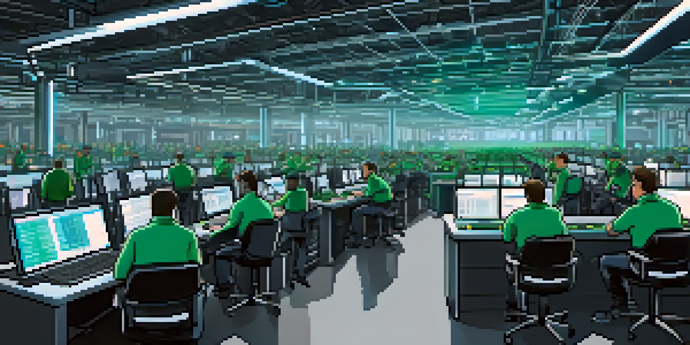 A diverse group of miners collaborating in a high-tech mining facility, surrounded by computers and mining rigs with blue and green LED lights.