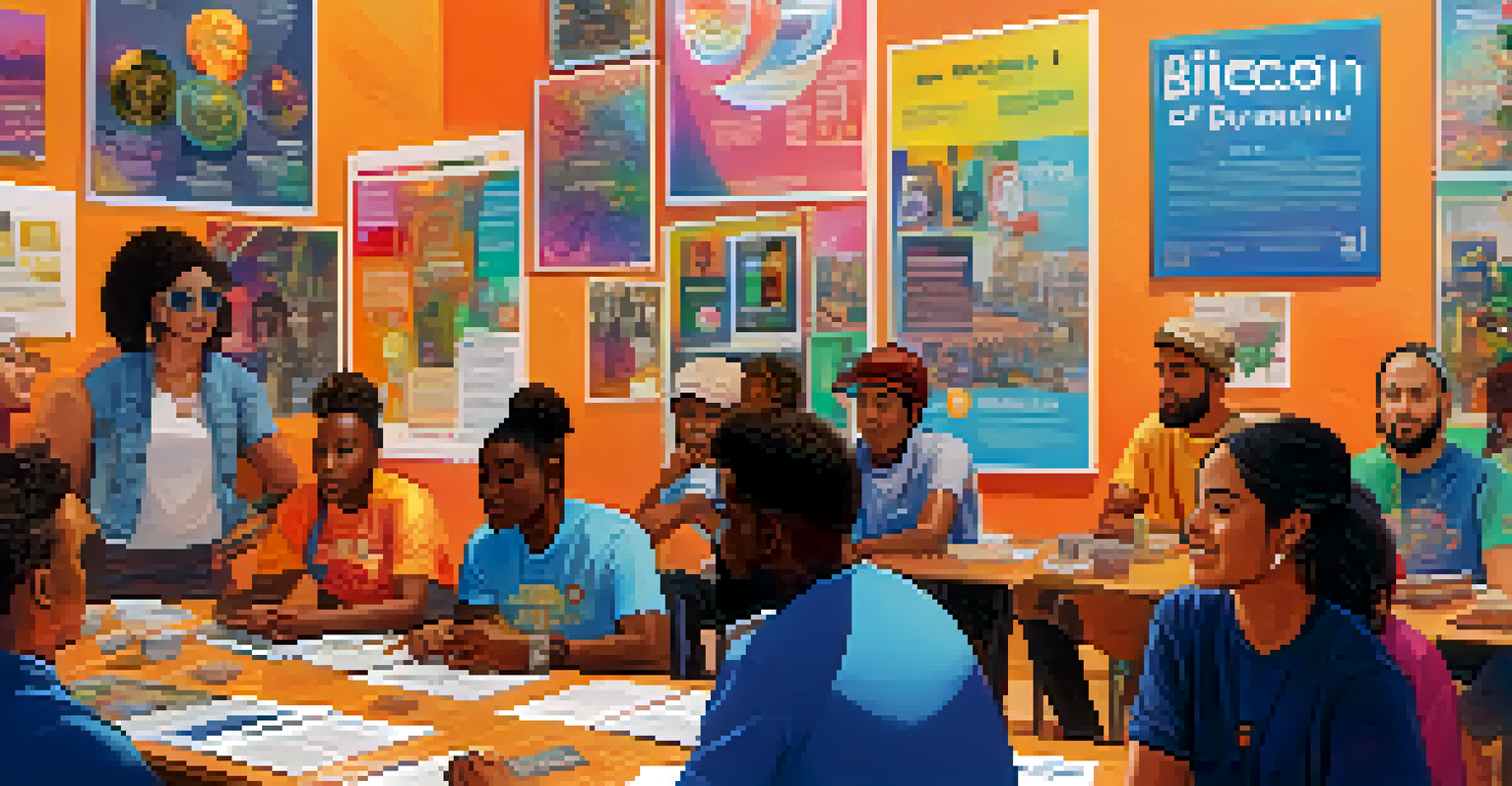 A diverse group of people discussing cryptocurrency and philanthropy in a bright community center.