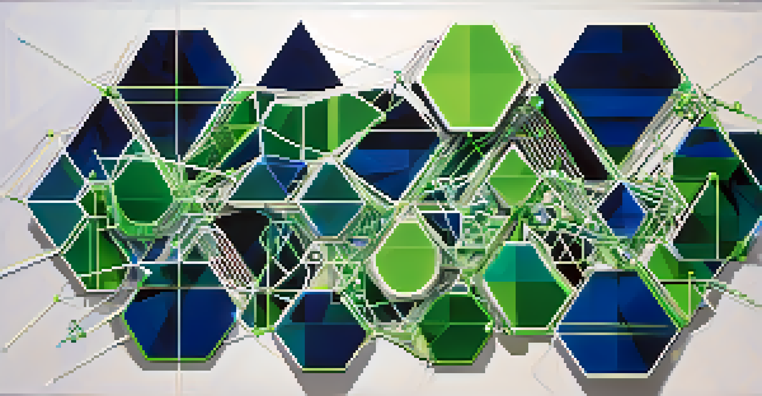 An abstract digital illustration of interconnected nodes representing blockchain technology, with glowing lines in blue and green.