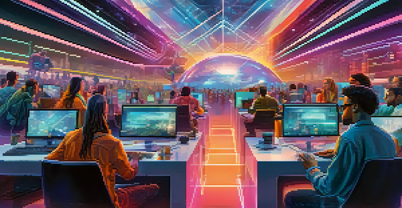 An illustration of a futuristic gig platform with freelancers using holographic technology in a bright, modern setting.