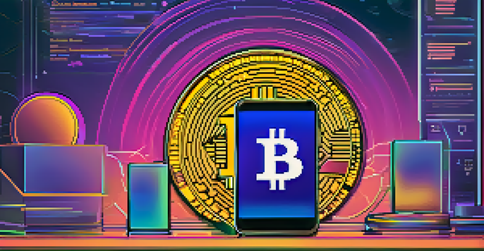 A close-up of a Bitcoin wallet interface on a modern device, displaying smart contracts with vibrant graphics against a gradient background.