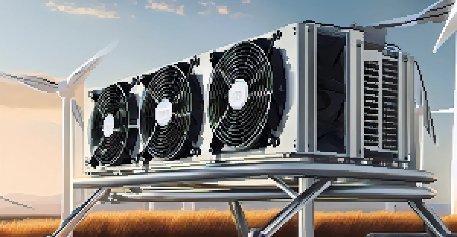A detailed view of a Bitcoin mining rig with a wind turbine in the background, representing the use of sustainable energy.