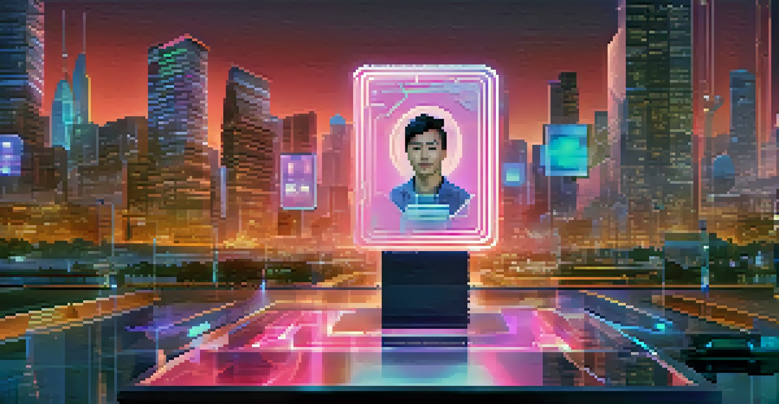 A futuristic digital identity concept with holographic icons in a cityscape background.