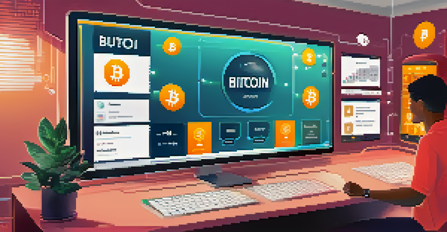 A user engaging with a touchscreen Bitcoin platform, highlighting a 'Buy Bitcoin' button in a bright color against a minimalist workspace.
