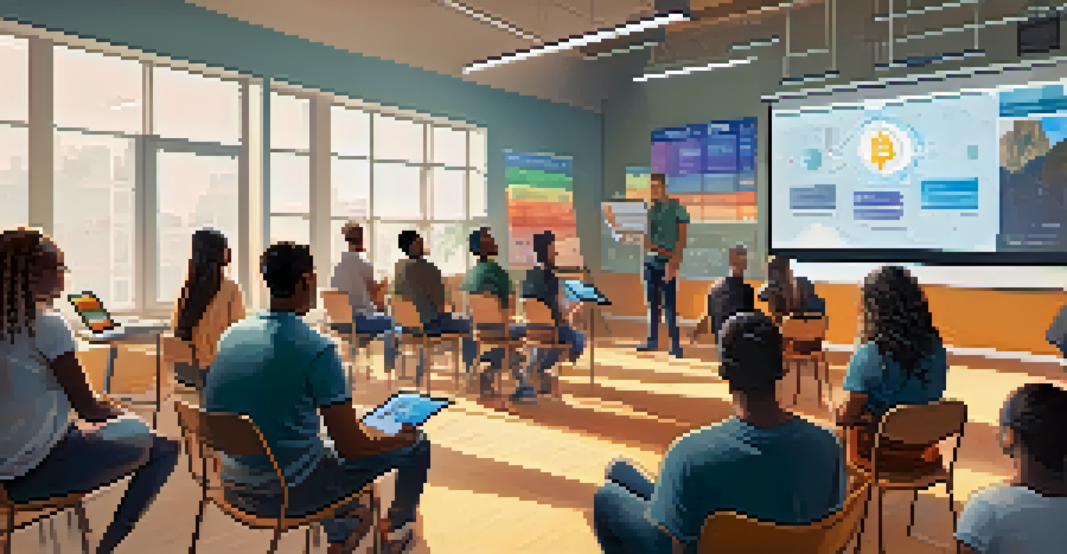 A community workshop with diverse individuals learning about Bitcoin, with a trainer in front and educational materials displayed.