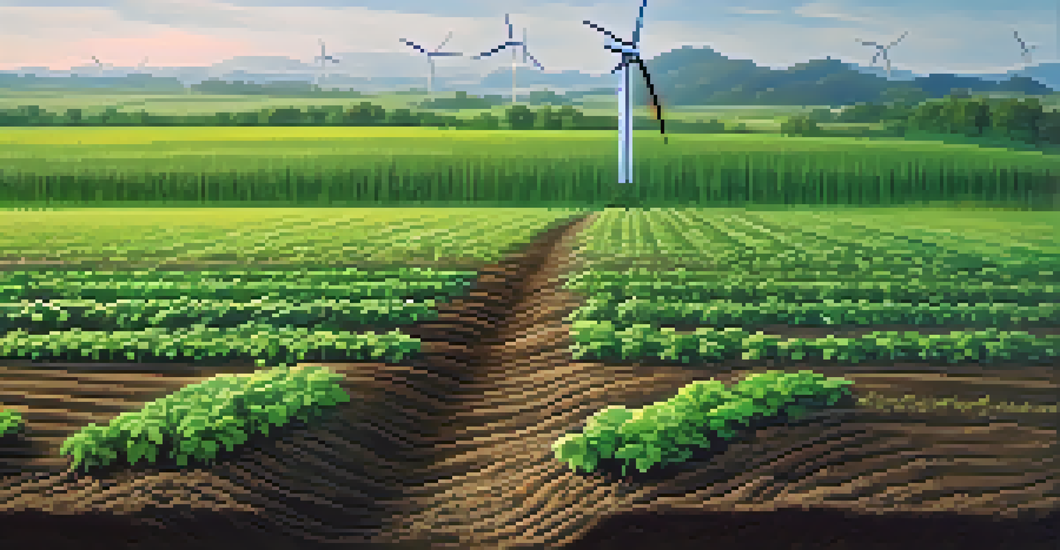 A farmer's field with a wind turbine in the background, featuring a Bitcoin coin in the soil with green sprouts around it.