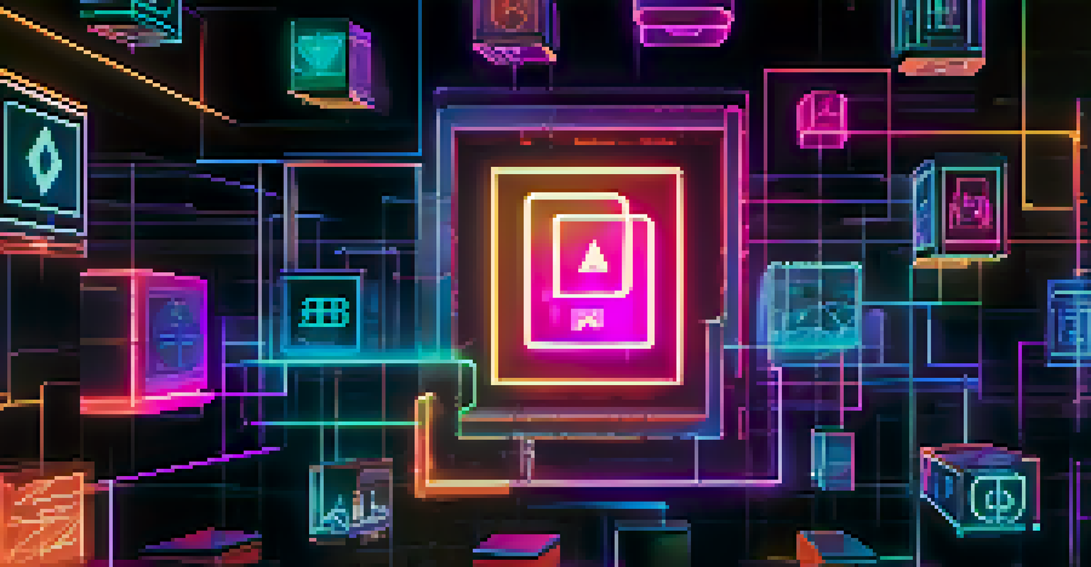 An artistic depiction of blockchain technology with interconnected glowing blocks displaying charity symbols in neon colors.