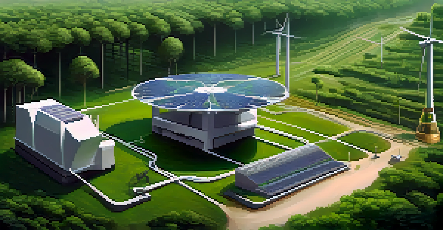 A conceptual illustration showing a Bitcoin mining rig powered by renewable energy beside a lush natural landscape.