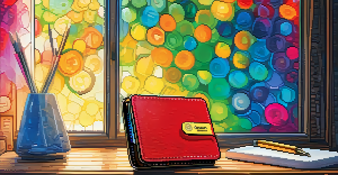 A modern Bitcoin hardware wallet on a wooden desk with colorful digital art prints around it, illuminated by soft natural light.