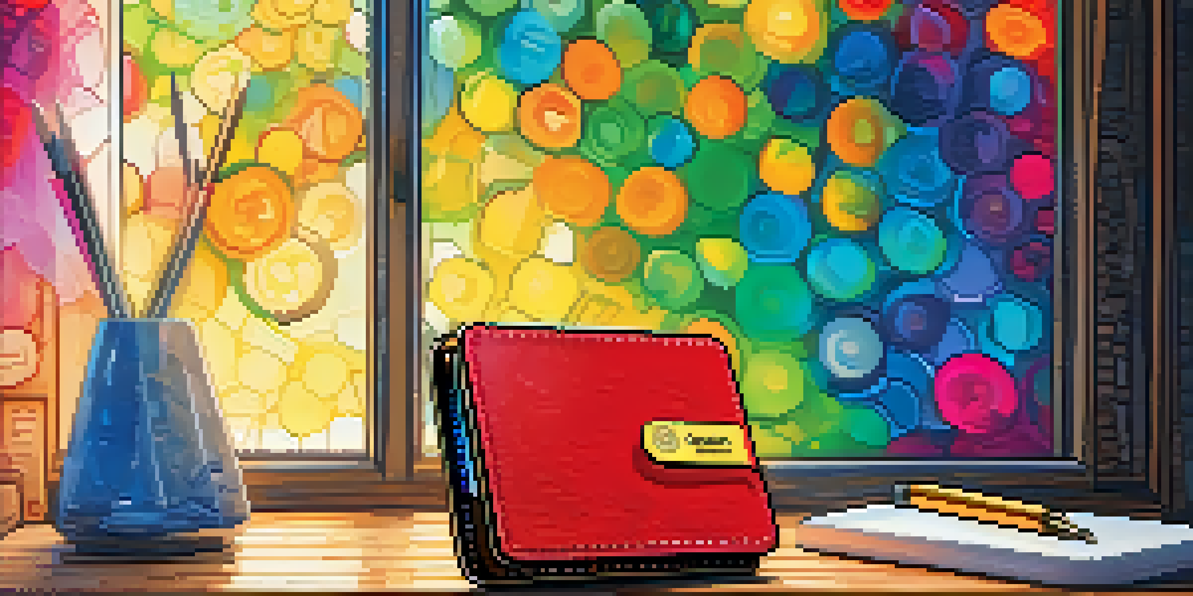 A modern Bitcoin hardware wallet on a wooden desk with colorful digital art prints around it, illuminated by soft natural light.