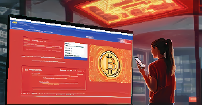 A computer screen showing a warning message about Bitcoin scams, with a worried person in the background.