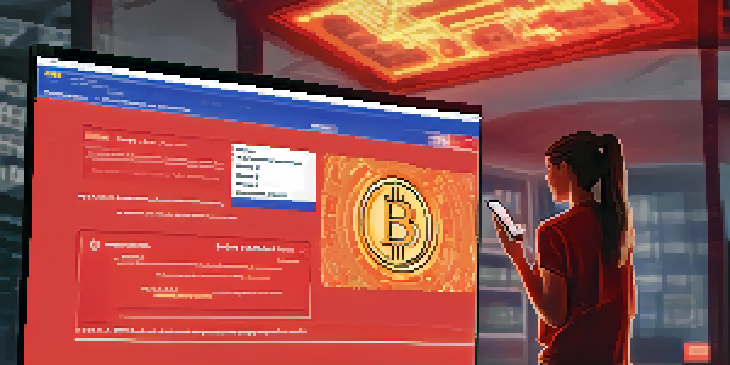 A computer screen showing a warning message about Bitcoin scams, with a worried person in the background.