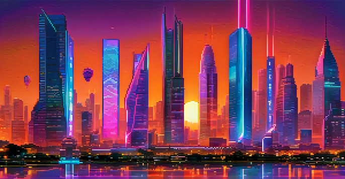 A futuristic city skyline at dusk with illuminated skyscrapers and a digital billboard about decentralized finance.