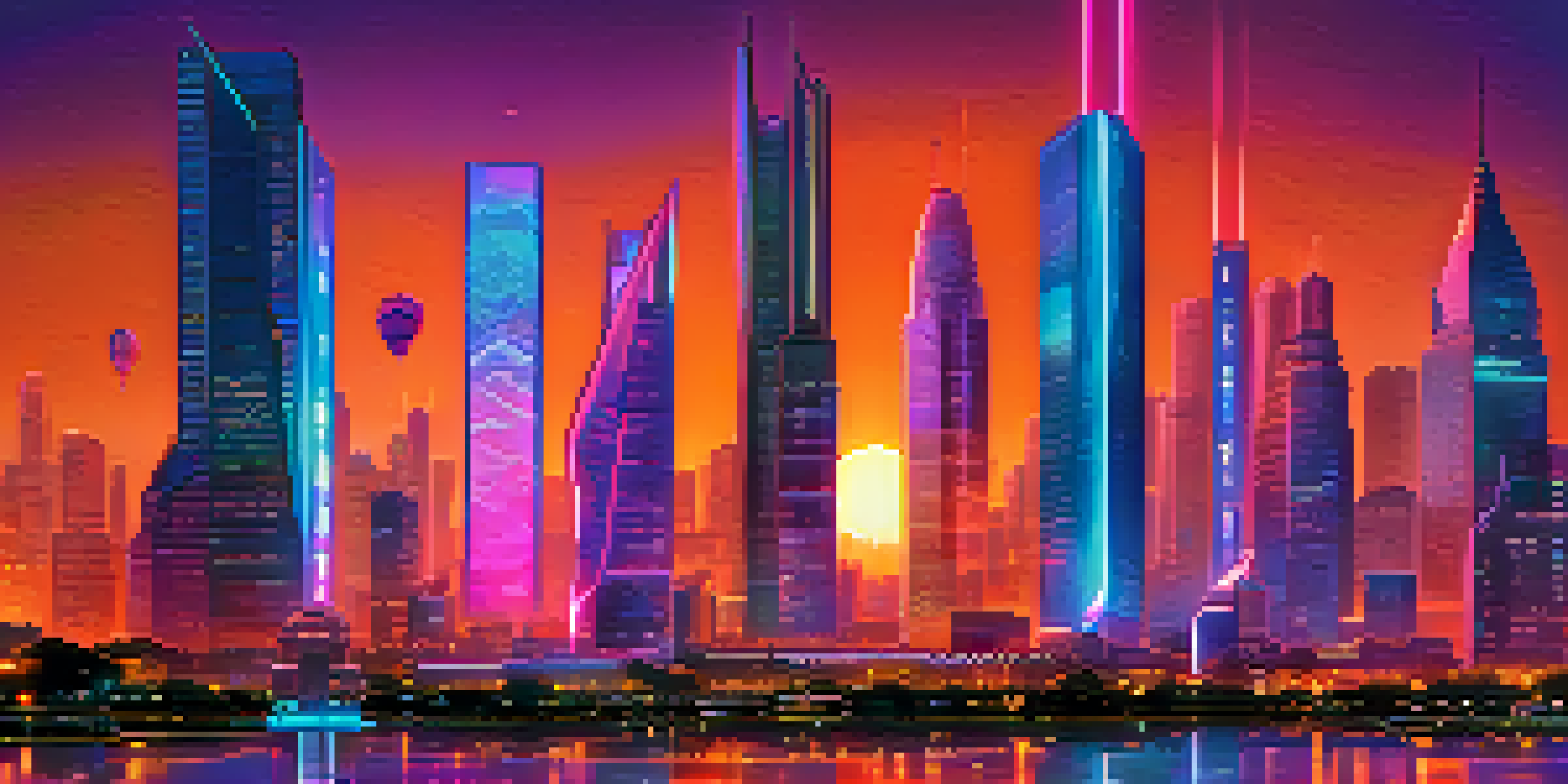 A futuristic city skyline at dusk with illuminated skyscrapers and a digital billboard about decentralized finance.
