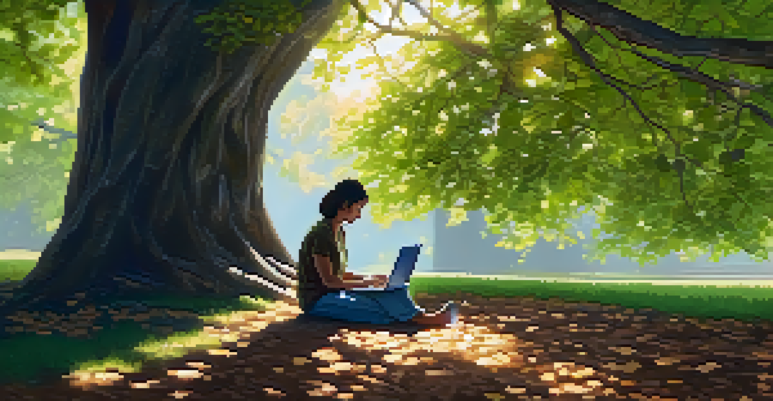 A person managing their digital identity on a laptop under a tree, in a calm natural setting.