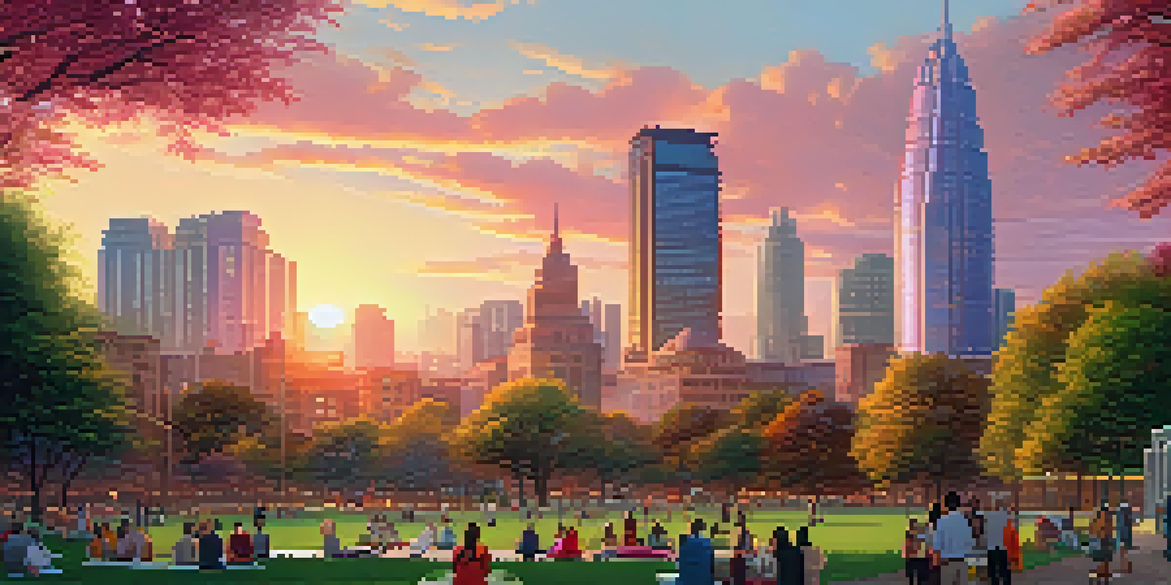 A peaceful city skyline at sunset with a mix of traditional and modern architecture, surrounded by a lush park.
