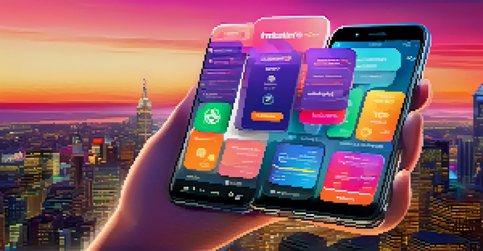 A smartphone displaying a colorful digital wallet interface with cryptocurrency icons against a blurred city skyline at dusk.