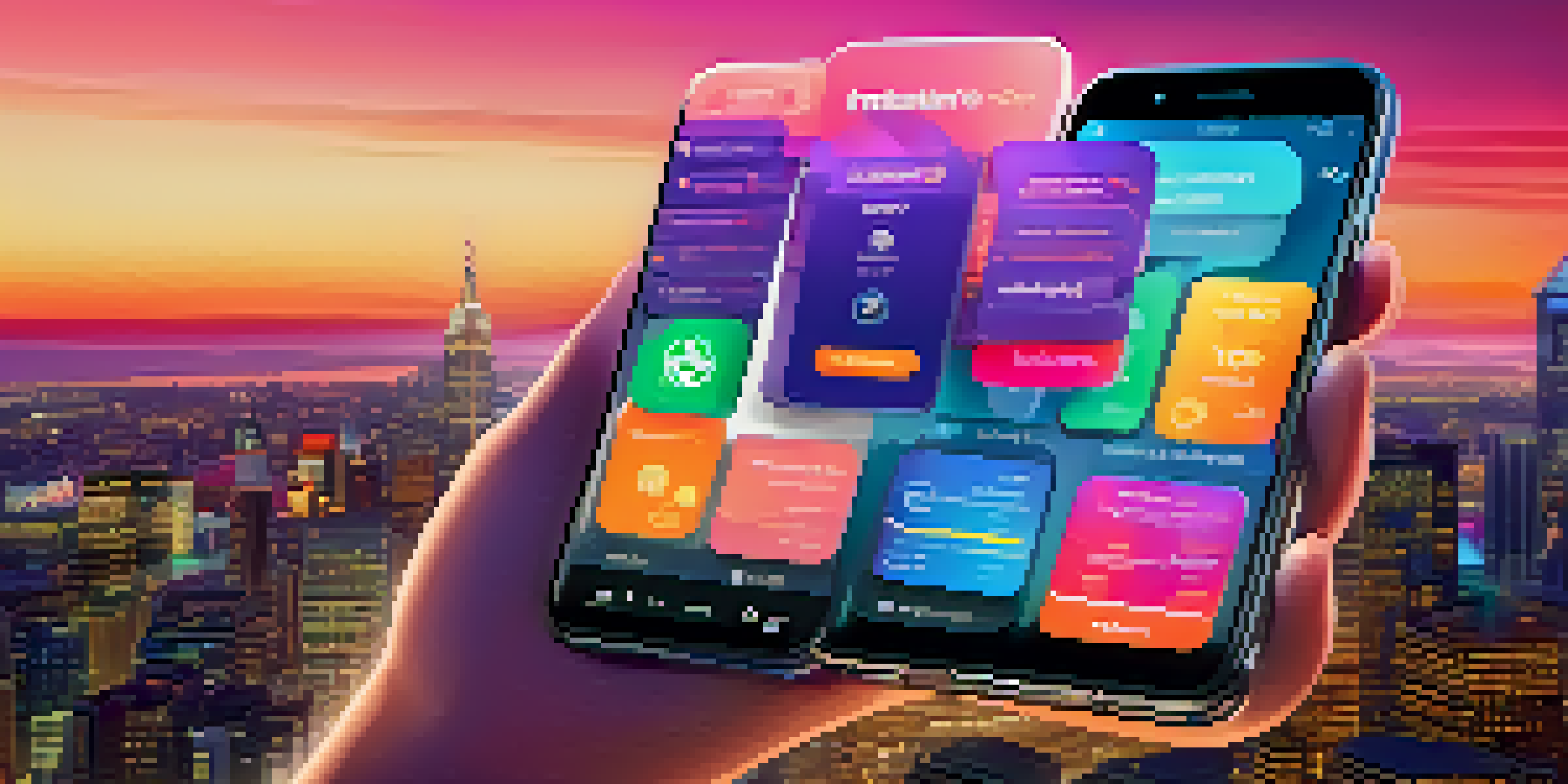 A smartphone displaying a colorful digital wallet interface with cryptocurrency icons against a blurred city skyline at dusk.