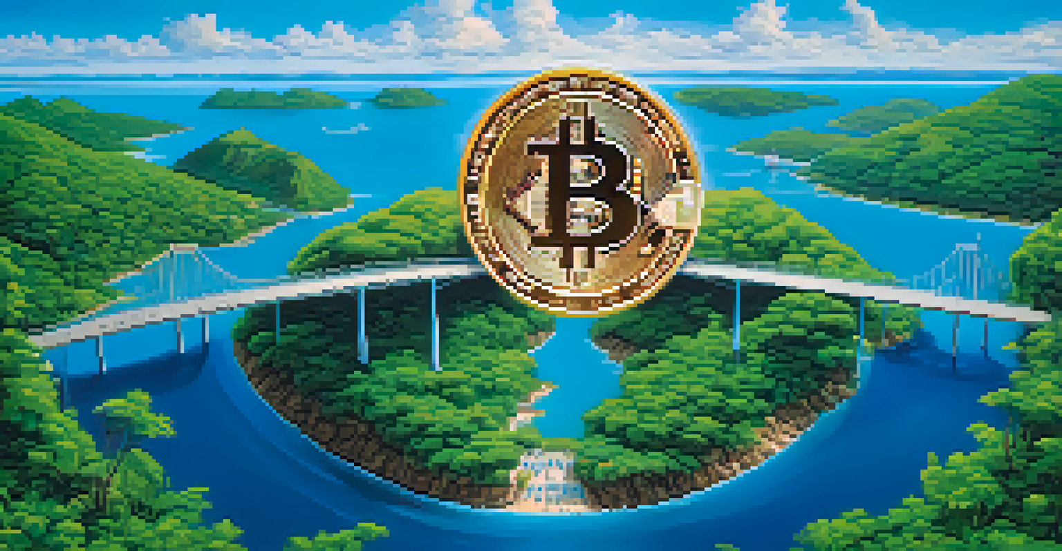 An artistic depiction of Bitcoin as a bridge between two islands, symbolizing connectivity in blockchain technology.