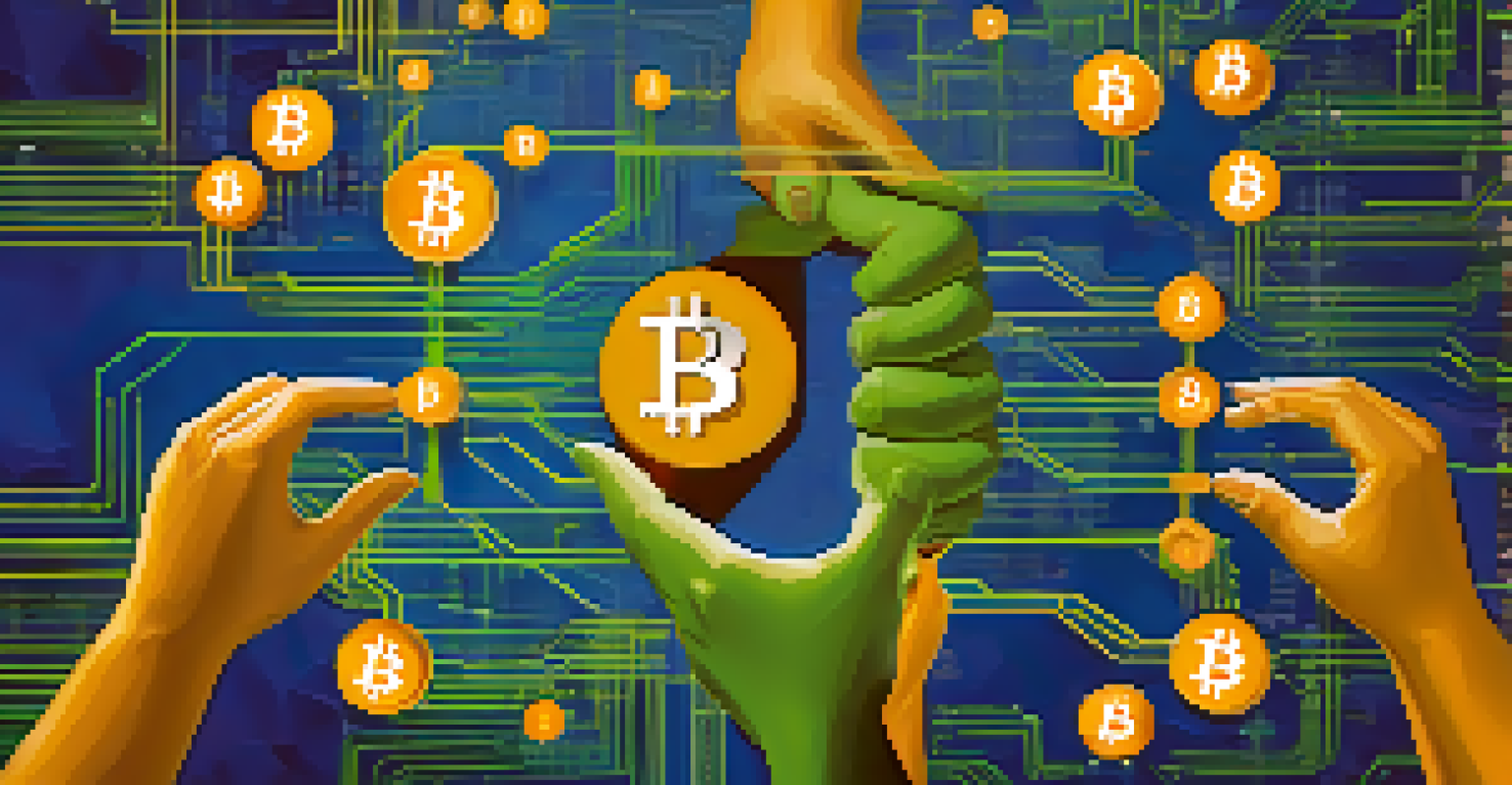 An abstract representation of community-driven governance in Bitcoin, showing interconnected hands symbolizing collaboration and consensus.