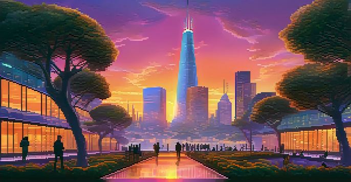 A futuristic city skyline at sunset with glowing Bitcoin symbols in the architecture and people discussing Bitcoin.
