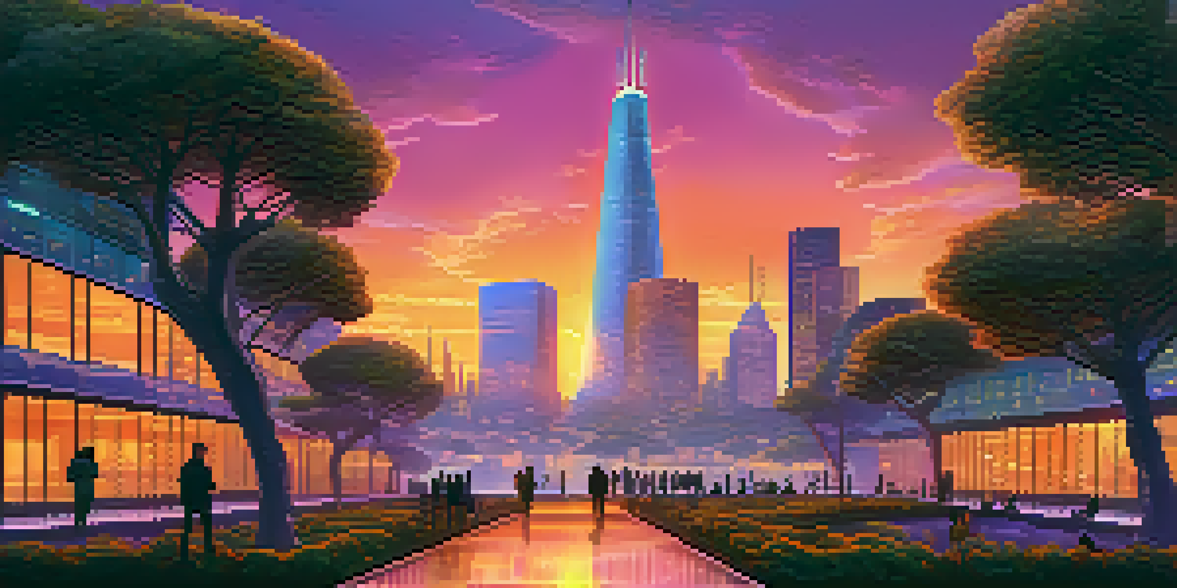 A futuristic city skyline at sunset with glowing Bitcoin symbols in the architecture and people discussing Bitcoin.