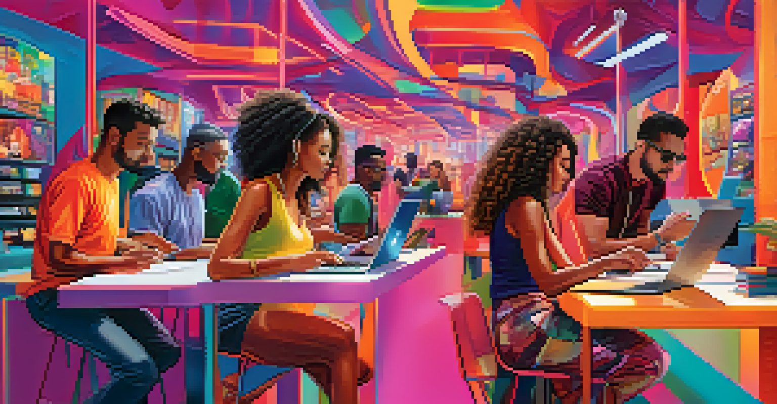 A lively digital art marketplace scene with people using laptops and mobile devices, surrounded by vibrant abstract digital art.