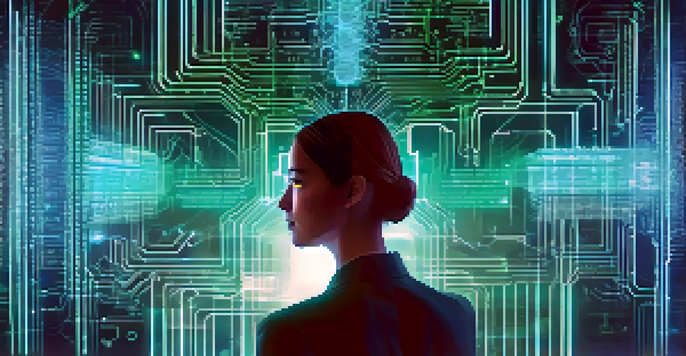 A futuristic digital identity verification system with a holographic interface and glowing circuit patterns in the background.