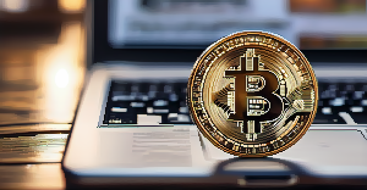 A close-up of a Bitcoin coin on a wooden table, surrounded by financial newspapers and a laptop.