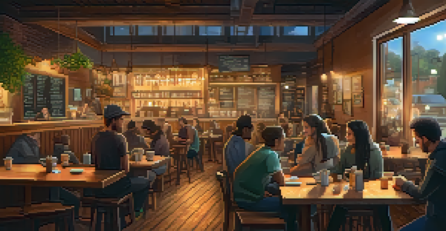 A warm and inviting café scene with diverse people discussing Bitcoin over coffee.