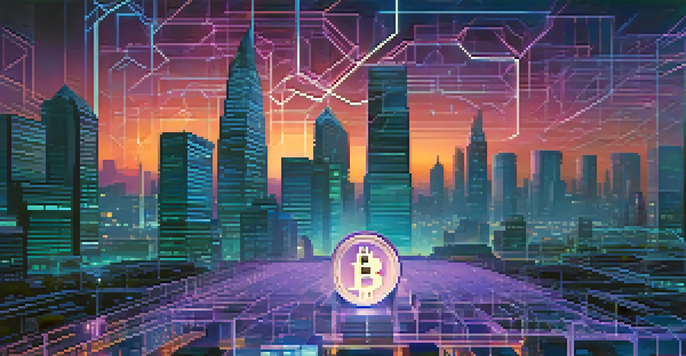 A digital illustration of Bitcoin's blockchain with glowing blocks and a futuristic cityscape in the background.
