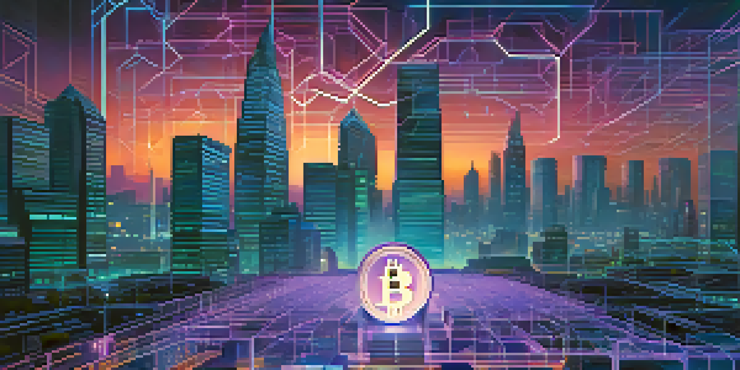 A digital illustration of Bitcoin's blockchain with glowing blocks and a futuristic cityscape in the background.