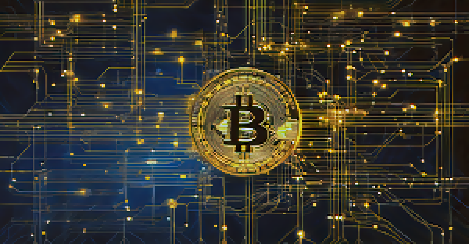 A digital network representation of the Bitcoin blockchain, with glowing interconnected nodes in blue and gold against a dark background.